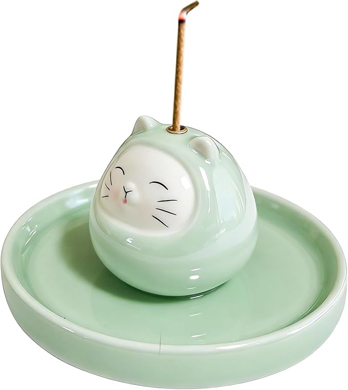 Ceramic Cat Incense Holder for Stick Incense, Cute Animal Incense Burner with Tray, Indoor Aromatherapy Decor for Home, Desk, Meditation & Relaxation