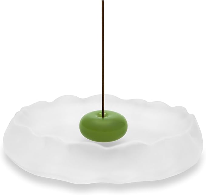 SATORY Handmade Zen Incense Holder 4.1" W- Frosted Glass & Green Jade Stone, Multi-Purpose Ash Catcher- Bakhoor Burner Gift with Incense Stick Samples, Home Décor, Yoga Meditation, Office
