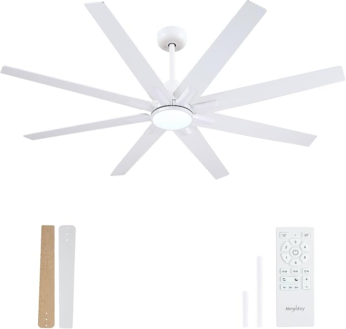 Newday 62 Inch White Ceiling Fan with Light and Remote, 8-Blade 8500 CFM High Airflow DC Motor, 3 CCT Dimmable LED, Reversible White/Oak Blades, 3 Downrods (6"/12") for High Ceiling Living Room Patio