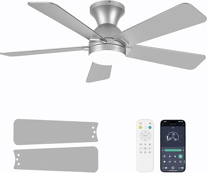 Ceiling Fans with Lights, 42 Inch Low Profile Ceiling Fan with Light and Remote Control, Flush Mount, Reversible, 3CCT, Dimmable LED, Quiet, Nickel Ceiling Fan for Bedroom, Kitchen