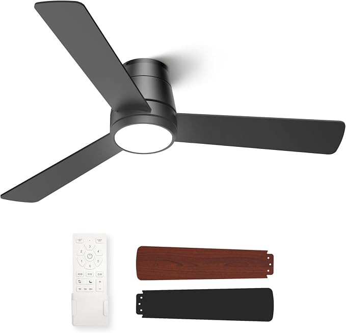 Ceiling Fans with Lights and Remote 46 inch, Flush Mount Low Profile Ceiling Fan with Light for Bedroom Living Room, Quiet Reversible DC Motor, 3CCT Dimmable 24W LED, 6 Speeds