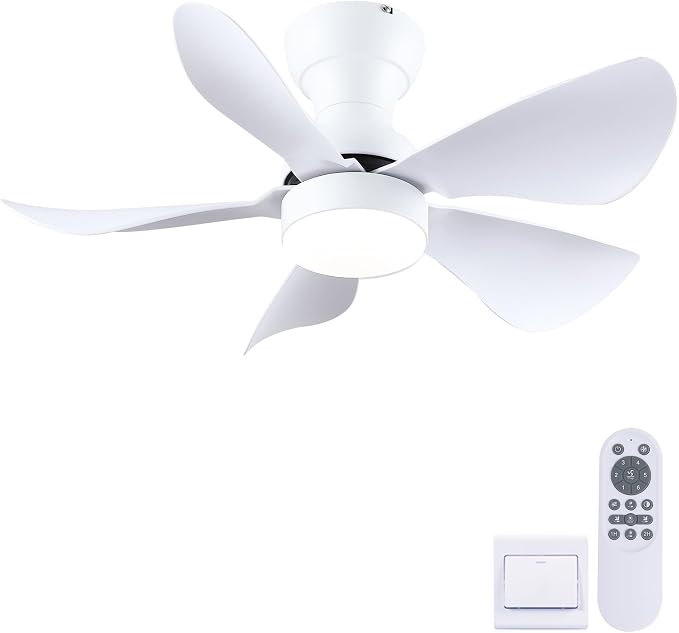 Kviflon 30 Inch Ceiling Fans with Lights and Remote Control, Flush Mount Ceiling Fans with 5 Reversible Curved Blades, 3 Colors Dimmable 6 Speeds Ceiling Fan for Bedroom Kitchen Dining Room, White