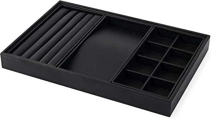 Oirlv Leather Multi-Function Jewelry Tray Black | Versatile Compartments for Rings/Earrings/Bracelets, Stackable Design