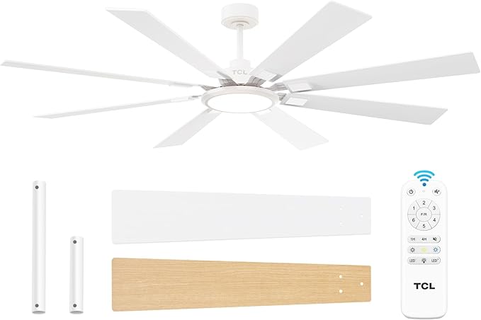 TCL Ceiling Fan with Light and Remote: 72 inch 8 Blades Smart Quiet Fan with Dimmable LED Lights for Bedroom Gazebo Patio Garage Dorm - 6 Speed DC Reversible Modern Fan for Summer and Winter