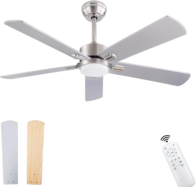 QUTWOB 52" Ceiling Fans with Light and Remote,Farmhouse 5 Blades Quiet Reversible DC Motor Ceiling Fans for Modern Indoor/Outdoor/Patio/Living Room/Bedroom(Silver/burlywood)