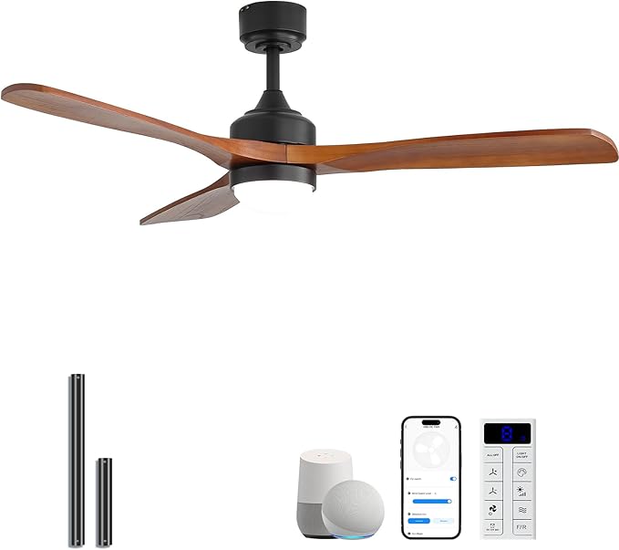 Sofucor 52" Smart Wood Ceiling Fans Lights, Flush Mount & Downrod Mount, 3 Wood Blades Modern Outdoor Ceiling Fans with Alexa/Google Assistant/APP/Remote Control for Bedroom, Farmhouse, Patio, Indoor
