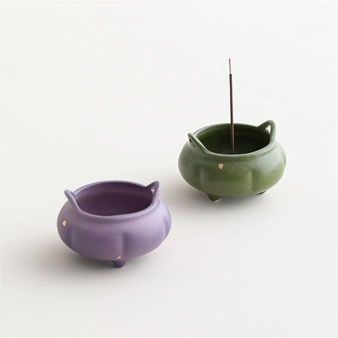 Hermit Life Incense Burner with 9 Holes Stick Holder, Lotus Bud or Tripod Ding Shape Design and Matte Ceramic Surface for Home Décor, Incense Stick Holder with Ash Catcher (Purple Tripod Ding)