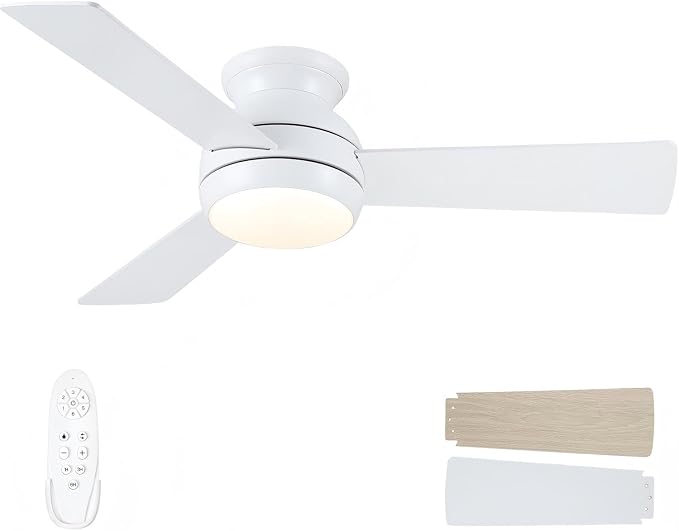 42 Inch Low Profile Ceiling Fan with Light Quiet for Bedroom,White | Flush Mount,Remote Control,Reversible DC Motor,Wood Blades,6 Speed,3CCT Dimmable for Bedroom,Living Room