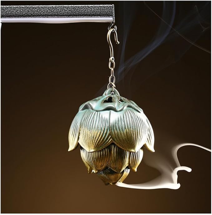 Primst Lotus Furnace Hollow Hanging Ball Incense Burner, Ceramic Backflow Incense Cones and Incense Coil Holder for Home Office Ornament Decoration