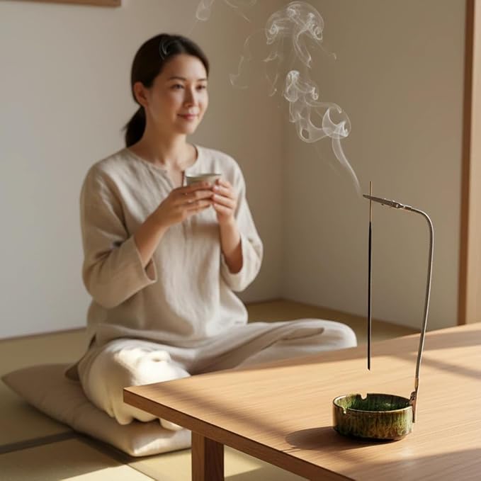 Modern Incense Holder with Flexible Metal Stand, Silver Ash Collector Base, Minimalist Design for Home Meditation and Aromatherapy. (Green + Clip)