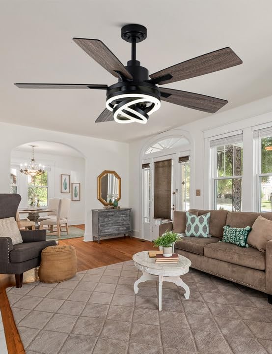 52" Black Modern Chandelier Ceiling Fan with Lights | DC motor, reversible, dimmable; recommended for bedroom, living room, and indoor use.