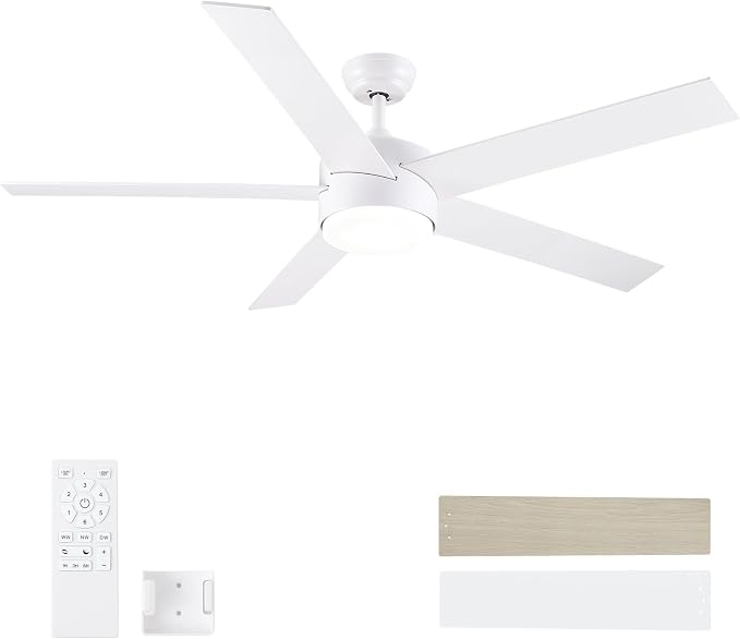 POCHFAN 60 Inch White Ceiling Fans with Lights and Remote Control,Quiet Modern Ceiling Fan for Bedroom,Living Room, Dining Room,Dimmable 3-Color Temperatures 6-Speed
