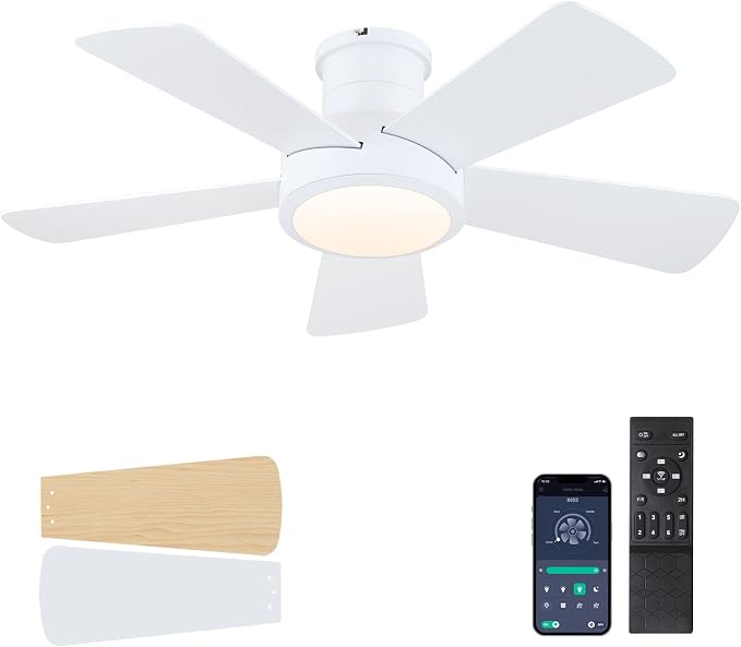 Hounberi 40 Inch Flush Mount Ceiling Fan with Lights and Remote, Modern Quiet DC Motor Low Profile Ceiling Fan for Low Ceilings, 5 Reversible Blades, 6 Speeds Dimmable, Indoor Outdoor Bedroom, White