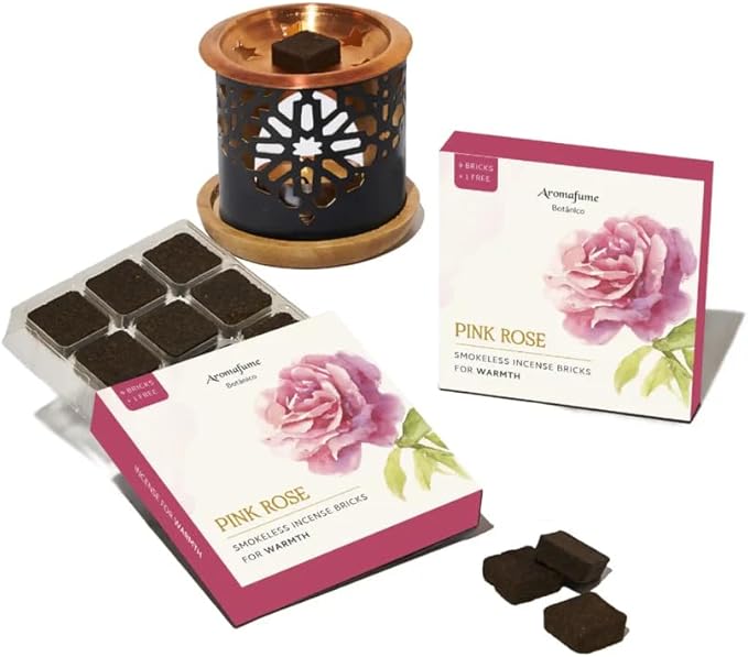 Pink Rose Incense Bricks (2 x 9 Bricks) & Oriental Burner by Aromafume | Ideal for Romance, Sensuality, Good Vibrations | Natural, Low Smoke, Non-Toxic Incense Bricks