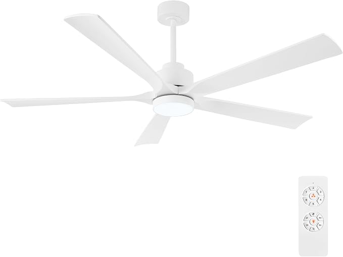 ELEHINSER 60" Modern Ceiling Fan with Lights and Remote Control, 5 Solid Wood Blades 6-Speed Noiseless Reversible DC Motor, Ceiling Fan for Bedroom Dinning Living Room, White