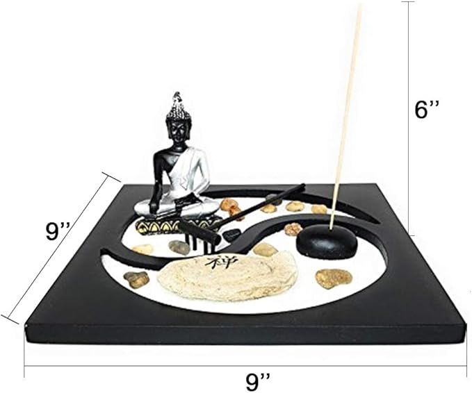 Zen Garden Deluxe Desk Meditation Garden Yin Yang Base with Silver Statue, Sand, Rocks, Rake, Incense and Incense Burner - Peace & Tranquility