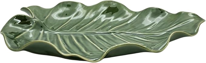 9½" Green Philodendron Leaf Shaped Tray - Handmade Ceramic Porcelain Decorative Plate Dish Catchall Miniature Container for Jewelry Personal Items Incense Holders Trays Décor Gifts