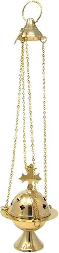 Needzo High Polished Brass Cross Design Hanging Church Thurible Censer with Chain, 4 3/4 Inch