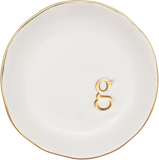 COLLECTIVE HOME Ceramic Jewelry Tray, Trinket Dish, Gifts for Women (G) | Mother's Day, Birthday, Christmas, Engagement Gifts, Vanity, Nightstand Decor, Embossed Gold Monogram Ring Dish with Gift Box