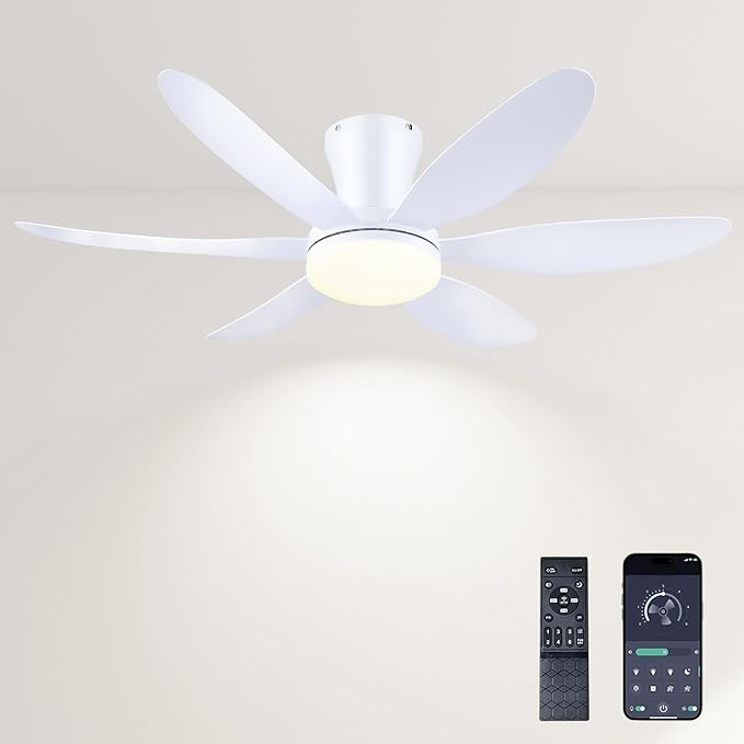 GJeg Ceiling Fans with Lights,42" Low Profile Ceiling Fan with Light and Remote Control,Flush Mount, Reversible, Dimmable, Noiseless, White Ceiling Fan for Bedroom