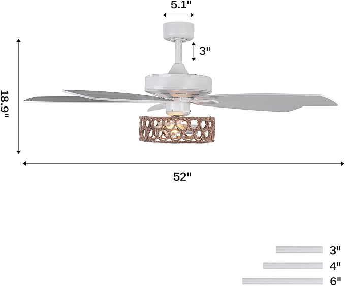 52 Inch Farmhouse Ceiling Fan with Light and Remote, Vintage Caged Ceiling Fan for Living Room, 6-Speed Adjustable & Reversible Quiet DC Motor, Dual Finish 5 Blades, White