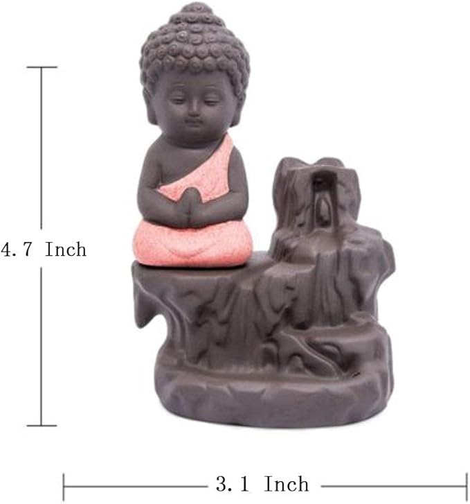 Incense Burner Smoke Waterfall Backflow Holder Ceramics Porcelain Buddha Little Monk Tower Cones Sticks Ash Catcher(Red)