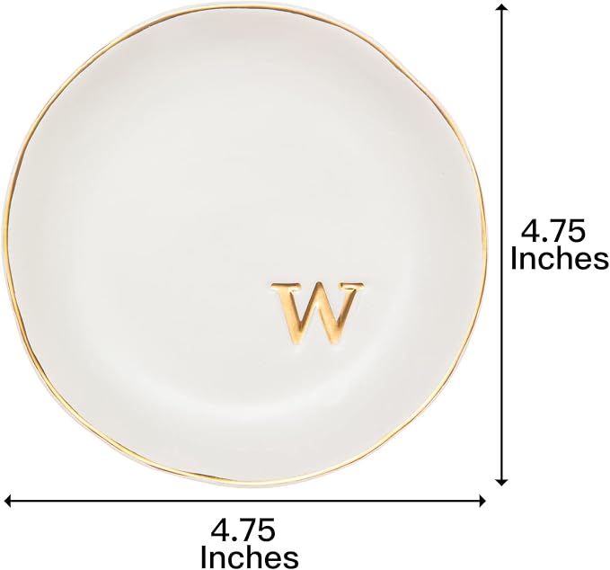 COLLECTIVE HOME Ceramic Jewelry Tray, Trinket Dish, Gifts for Women (W) | Mother's Day, Birthday, Christmas, Engagement Gifts, Vanity, Nightstand Decor, Embossed Gold Monogram Ring Dish with Gift Box
