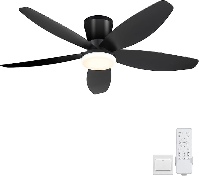 Surtime 42" Ceiling Fans with Lights-Low Profile Ceiling Fan with Light and Remote Control,Flush Mount,DC Reversible,LED Dimmable Blakc Ceiling Fans for Bedroom,Indoor/Outdoor Patio Use