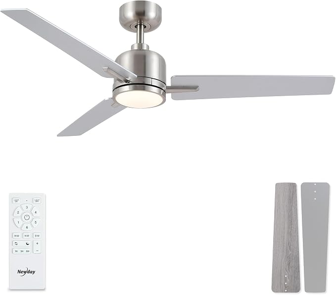 Newday 48 Inch Ceiling Fans with Lights Remote, Brushed Nickel Ceiling Fans Dimmable 3 Color Temperature, Timer, 3 Blades, 6 Speed Modern Fan Quiet Reversible DC Motor for Indoor or Covered Outdoor