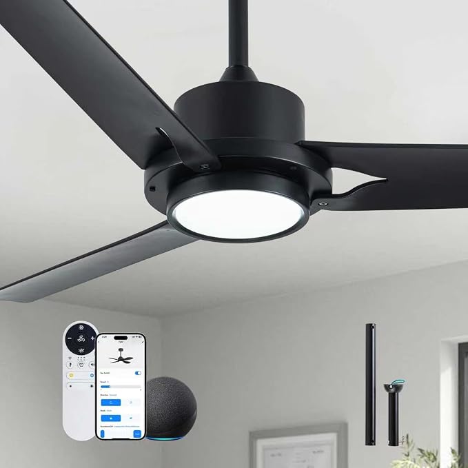 52 Inch Modern Smart Ceiling Fan with LED Lights and WiFi Alexa APP Remote,Black Ceiling Fan with ABS Blades,3CCT,6 Speed,Quiet Reversible DC Motor Indoor Outdoor Fan for Patio,Garage,Bedroom