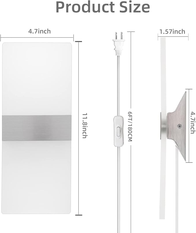 KICAAO Wall Sconces, Modern Wall Sconce Plug in 10W 6000K Cool White Acrylic Wall Lights with 6FT/180cm Plug in Cord and On/Off Switch on The Cord (Warm White 2700K 2Pack)
