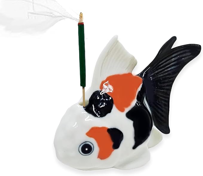 2¼" Black White Orange Goldfish Fish Elegant Ceramic Incense Stick Holder Artistic Collectible Figurine for Adult Collectors Sophisticated Accent Gift Handcrafted Porcelain Home Decor