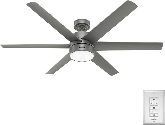 Hunter Solaria, Outdoor or Indoor, Ceiling Fan, 60 inch, Matte Silver | with LED Light, Standard Mount, Wall Control, Quiet, 6 Blades, For Patio, Porch, Garage, 59625
