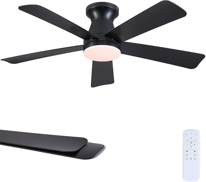 46"Modern Black Low Profile Flush Mount Ceiling Fans with Light and Remote | Super Large Airflow with 6 Wind Speeds, Reversible, Dimmable 3CCT LED Light, Quiet 30W DC Motor,for Bedroom Kitchen