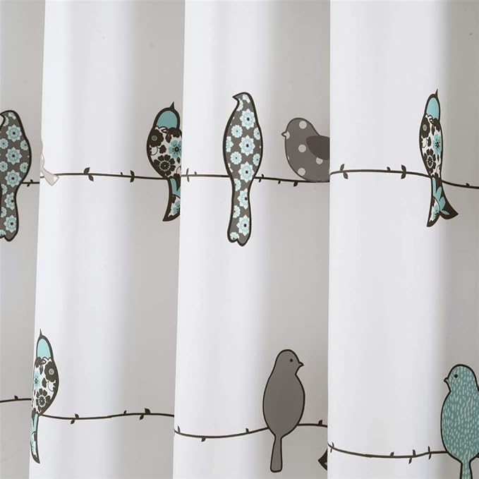 Lush Decor Rowley Birds Shower Curtain, 72” W x 72” L, Blue & Gray - Colorful Floral Bird Pattern - Whimsical & Playful Bird Shower Curtain - Farmhouse, Coastal, & Boho Bathroom Decor