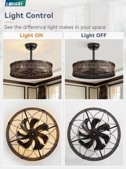 LEDIARY Farmhouse Chandelier Ceiling Fan with Light,20 Inch Black Gold Caged Enclosed Bladeless Fan Lights Ceiling Fixtures,Vintage Victorian Rustic Fandelier for Indoor,Kitchen,Bedroom,Living Room