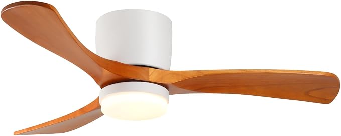 GESUM 42" Flush Mount Ceiling Fan with Lights3 Wood Blades, Reversible,Dimmable, Low Profile Ceiling Fan with Remote Control for Living Room Kitchen Bedroom(White+Wood)