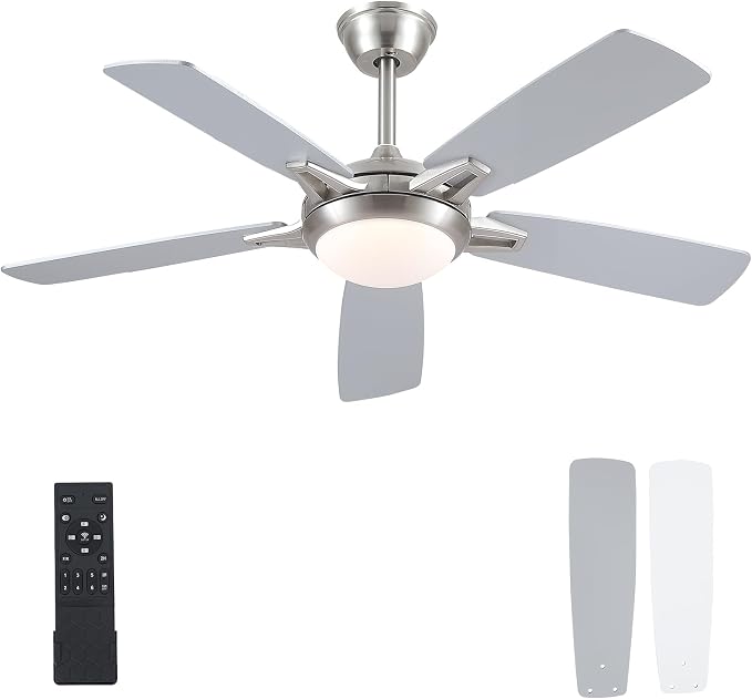 Kviflon 52 Inch Ceiling Fans with Lights and Remote, Modern Indoor Outdoor Ceiling Fan for Bedroom Living Room Patio Porch, 6 Speeds, Reversible Quiet Motor, Dual Finish Wooden Blades, Nickel