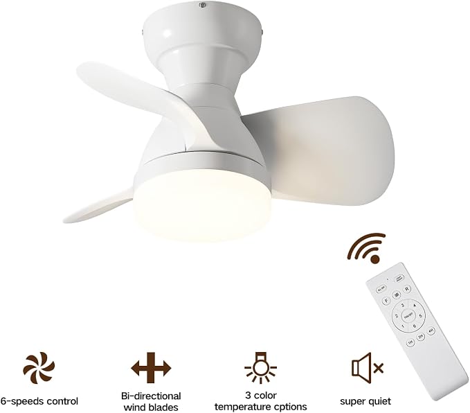 20 Inch Ceiling Fan with Light, 3 ABS Blades, White Small Ceiling Fan with Remote Control, Suitable for Living Room, Dining Room, Bedroom