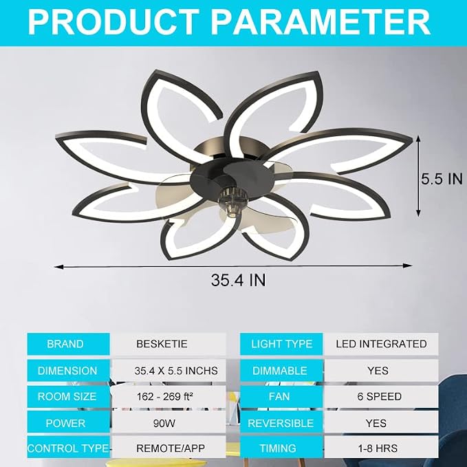 35'' Bladeless Ceiling Fan with Lights Remote Control, Modern Low Profile Ceiling Fans with Lights, Dimmable 3 Color 6 Speeds Flush Mount LED Ceiling Fan for Bedroom, Living Room - Black