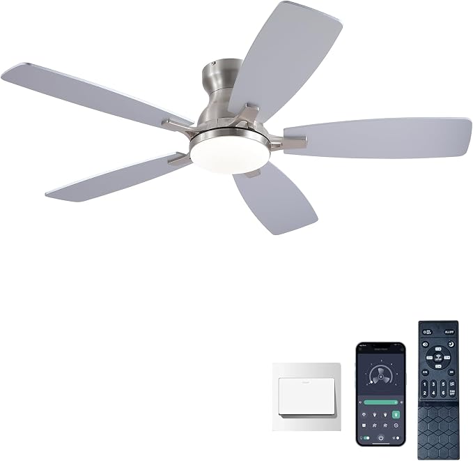 NKPU 46" Ceiling Fans with Lights, Low Profile Ceiling Fan with Light and Remote/APP Control, DC Reversible Motor, 3CCT, Noiseless, Flush Mount Ceiling Fan for Bedroom Indoor/Outdoor Use, Nickel