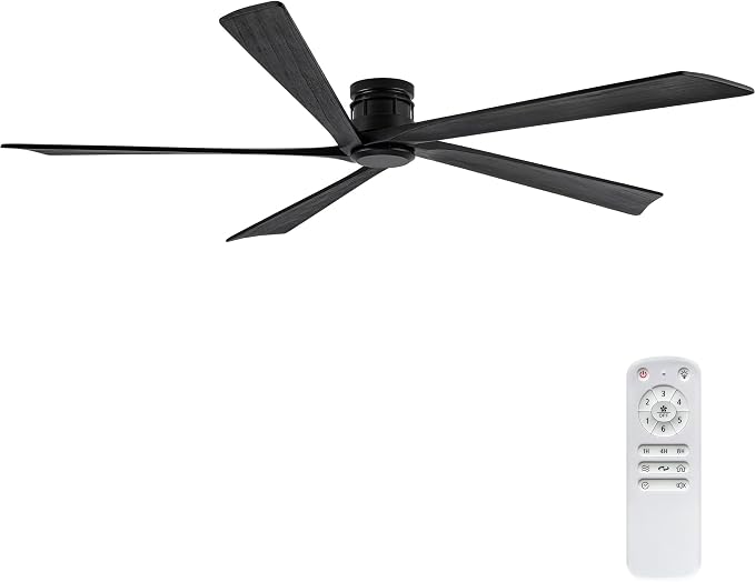 EKIZNSN 84 Inch Outdoor Low Profile Flush Mount Ceiling Fans without Lights for Patios, 110V Noiseless Reversible DC Motor, 6-Gear Speed (Black Finish with Black Blades)