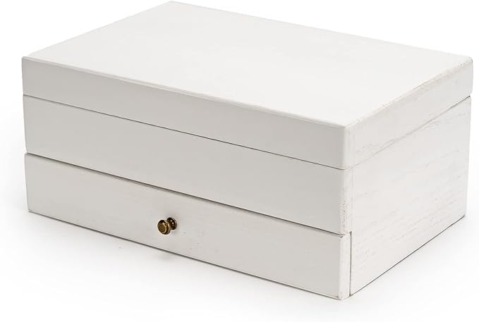 Meangood Jewelry Box Organizer for Women, 2 Layer Large Jewelry Storage Case, Rustic Wooden Jewelry Box with Mirror & Ring Tray for Necklace Earring Bracelets Rings, Vintage Style (White)