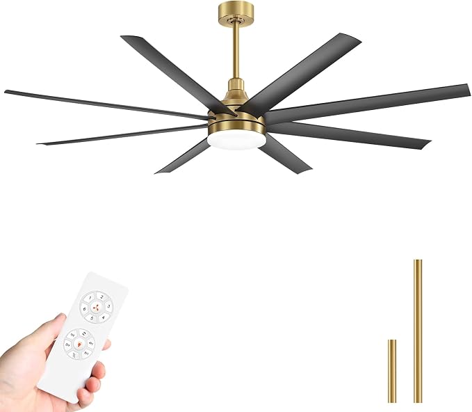 65 Inch Ceiling Fans with Lights and Remote, 8 ABS Blades, Quiet Reversible DC Motor, 6-Speed, Timer, 2 Downrods, 3 Color Led Light, Industrial Ceiling Fans Fandelier for Bedroom Office (Gold & Black)