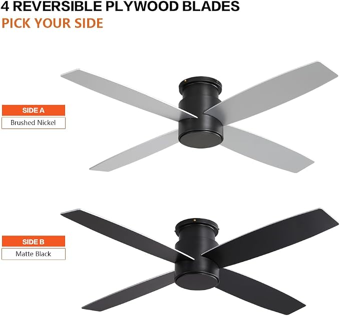 WINGBO 44" Flush Mount DC Ceiling Fan without Lights, 4 Reversible Plywood Blades, Quiet 6-Speed DC Motor, Hugger Low Profile Ceiling Fan No Lights for Bedroom, Black Finish