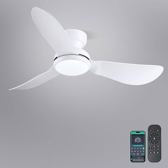Kviflon 46 Inch Ceiling Fans with Lights, Small Flush Mount Ceiling Fan, Remote/APP Control, 3 Reversible Curved Blades, 6 Speeds, 3 CCT Dimmable Lights for Bedroom, White