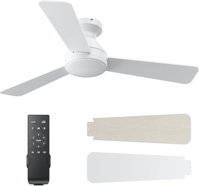 Ceiling Fans with Lights, 42 Inch Ceiling Fan with Light And Remote, 3CCT Flush Moun Low Profile Ceiling Fans, 6 Speed Noiseless LED Ceiling Fan, White Ceilings Fan with Remote for Bedroom Living Room