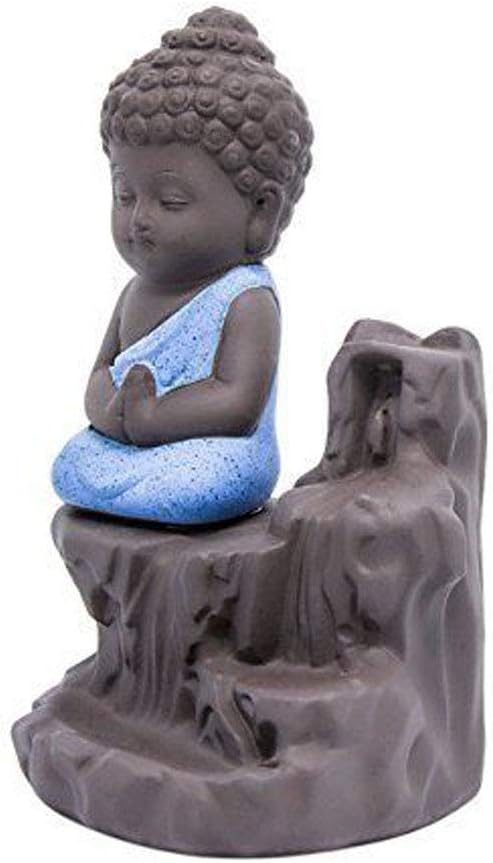 Incense Burner Smoke Waterfall Backflow Holder Ceramics Porcelain Buddha Little Monk Tower Cones Sticks Ash Catcher(Blue)