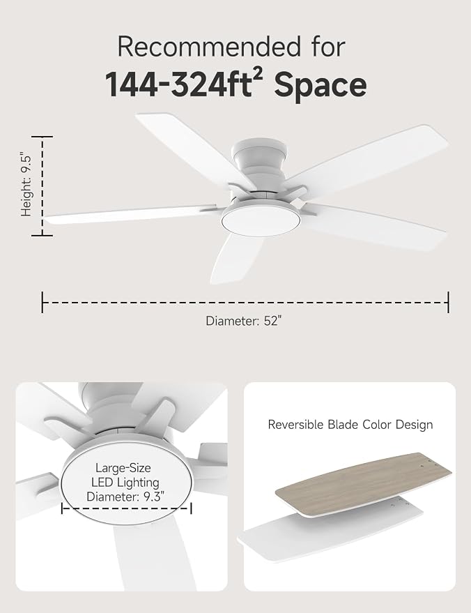 Flush Mount Ceiling Fan with Light, 52 Inch, Remote Control, 3CCT Dimmable LED, 6-Speed Silent Reversible DC Motor, Low Profile Hugger Ceiling Fan for Indoor/Outdoor 90-264V 50/60Hz Fresh White
