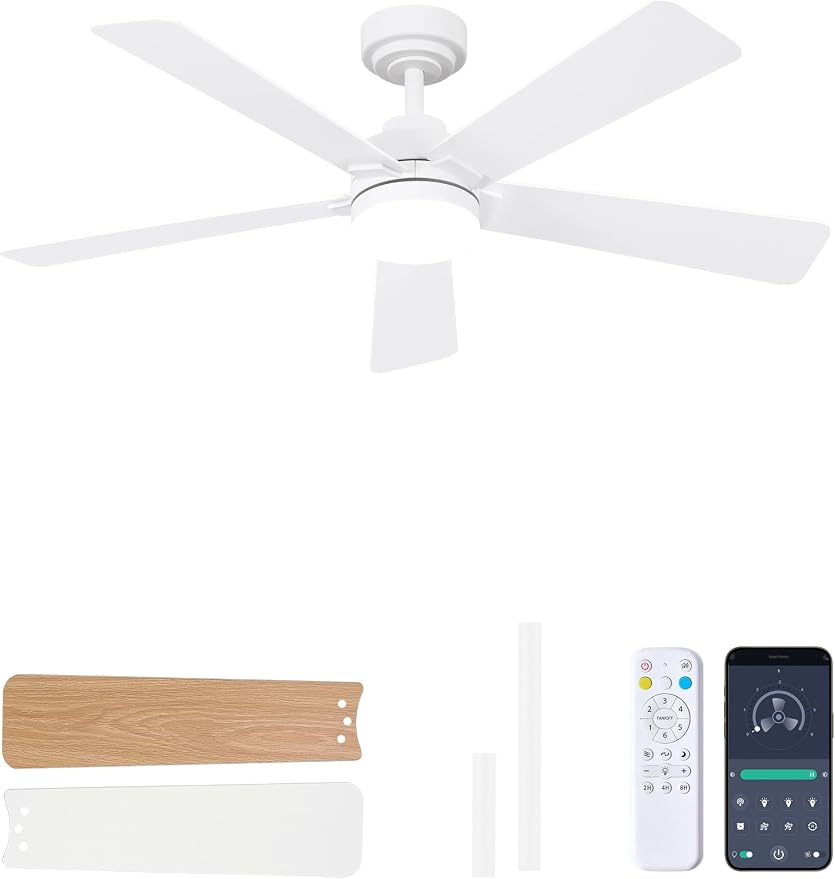 48 Inch Ceiling Fan with Lights and Remote, Downrod Mount, Sloped Ceiling Compatible up to 15°, Quiet Reversible DC Motor, 3CCT Dimmable LED, White Ceiling Fan for Bedroom Living Room